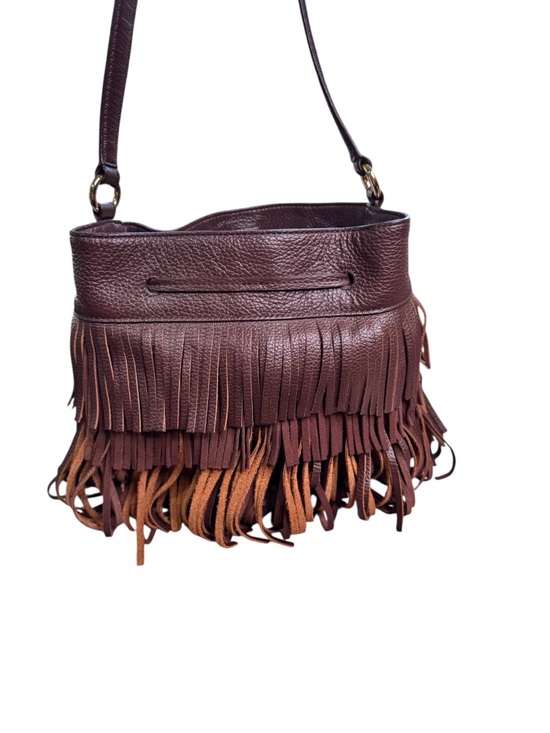 Lauren Ralph Lauren Fringe Leather Bucket Bag Brown Boho Western - Picture 2 of 11